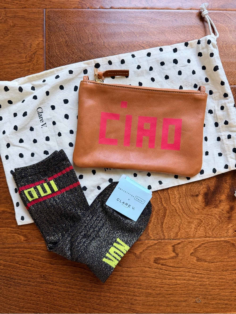 Clare V Tan Leather Pouch with Pink CIAO Print & Black Metallic Socks